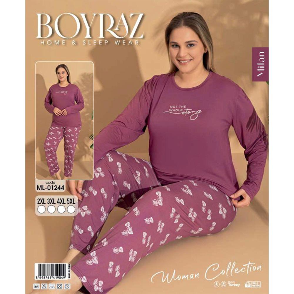 Boyraz Ml-1244 Bayan Battal Milan Desenli Uzun Kol Pijama Takımı 2XL-5XL