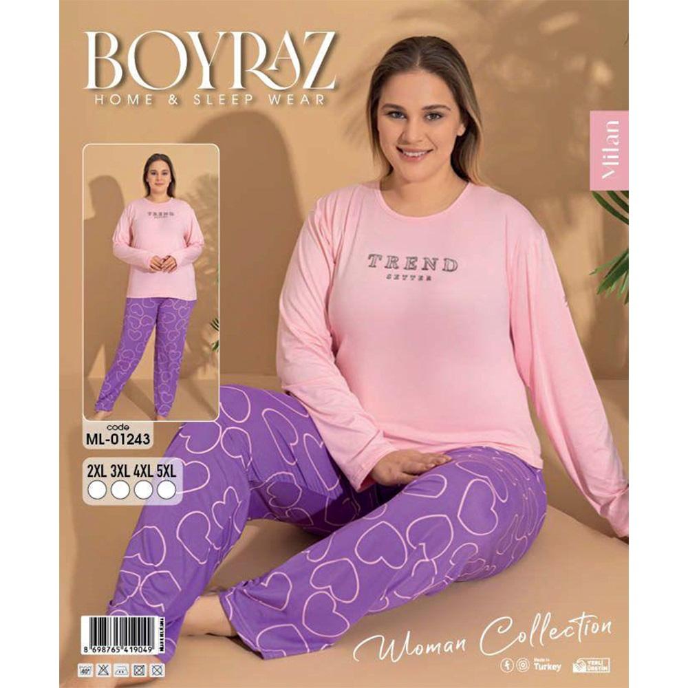 Boyraz Ml-1243 Bayan Battal Milan Desenli Uzun Kol Pijama Takımı 2XL-5XL - Karışık Renk - 2XL-3XL-4XL-5XL