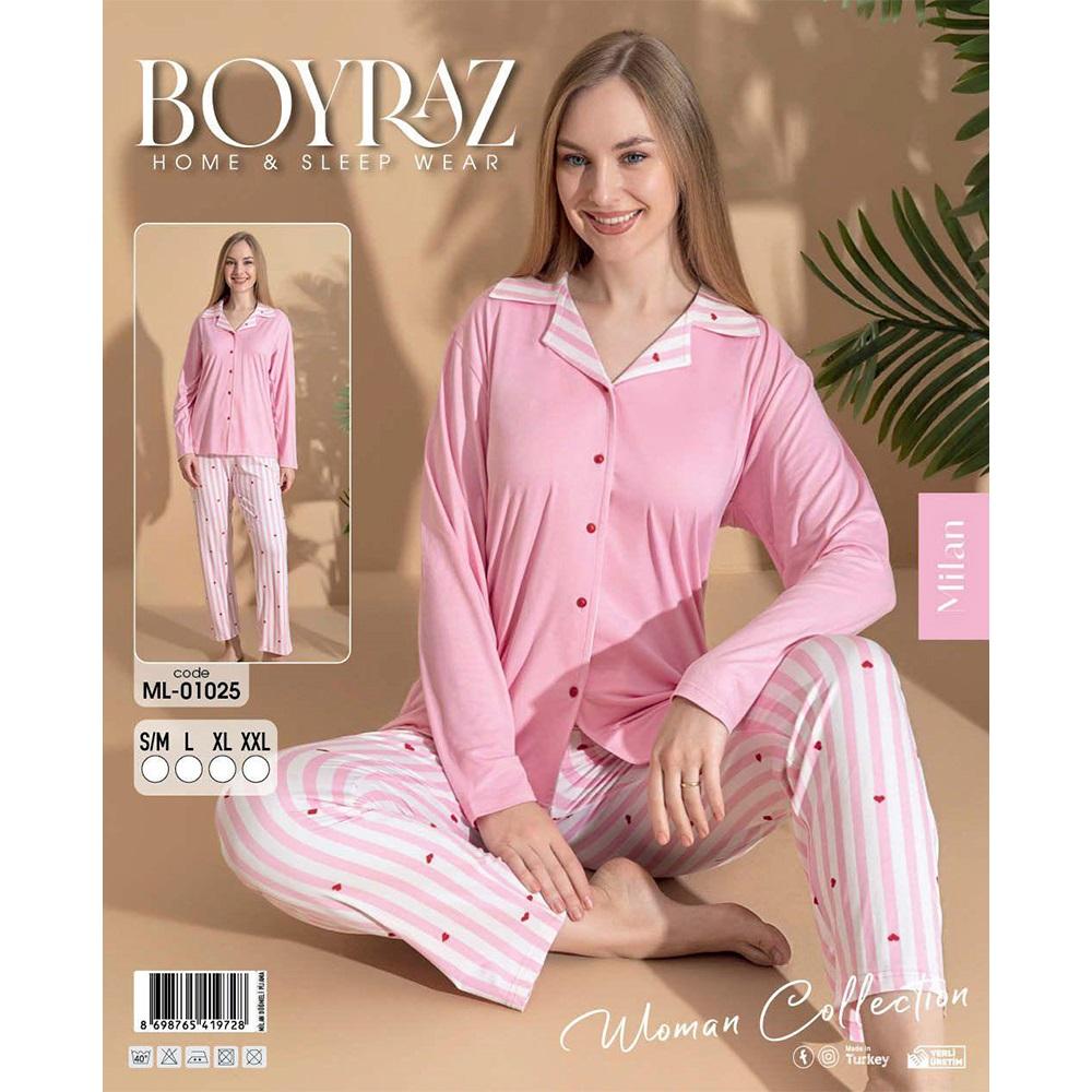 Boyraz 01025 Bayan Milan Desenli Uzun Kollu Ceket Yakalı Pijama Takımı S-2XL - Karışık Renk - S-M-L-XL-2XL