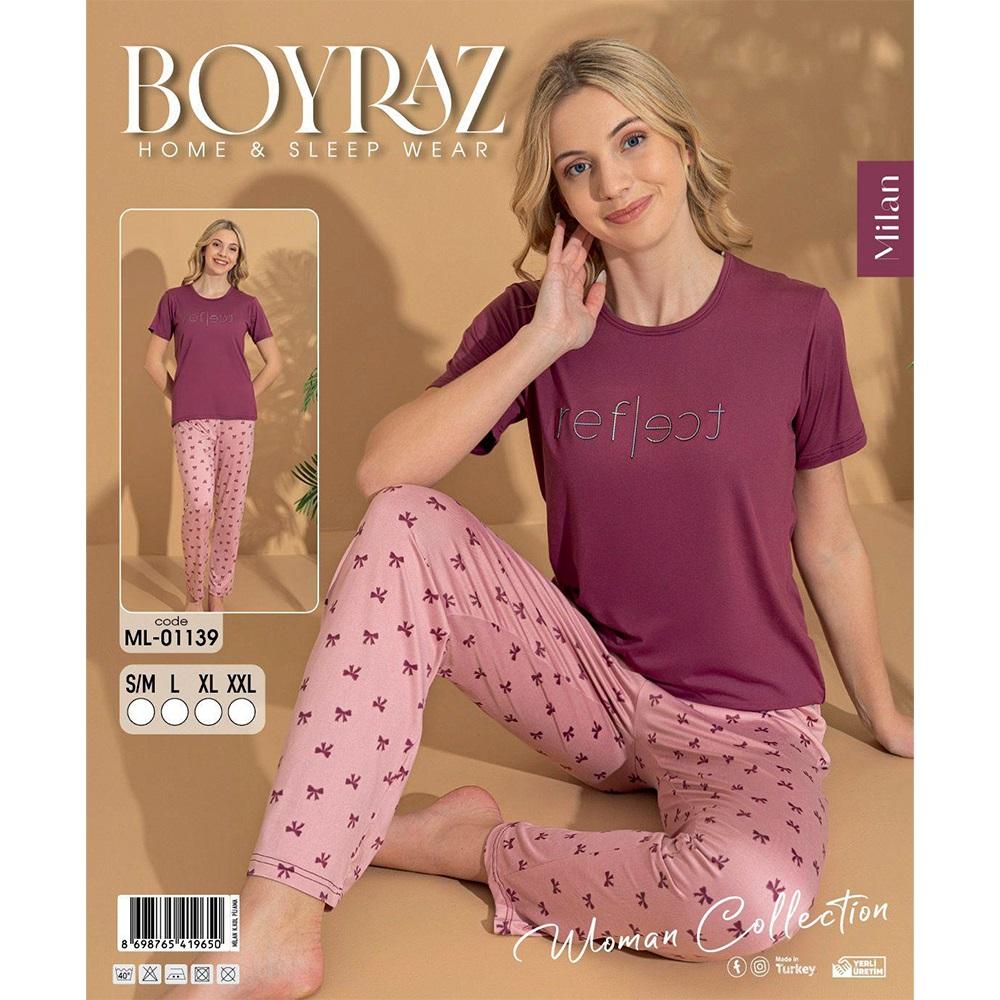 Boyraz Ml-01139 Bayan Milan Desenli Kısa Kol Pijama Takımı S-2XL - Karışık Renk - S-M-L-XL-2XL