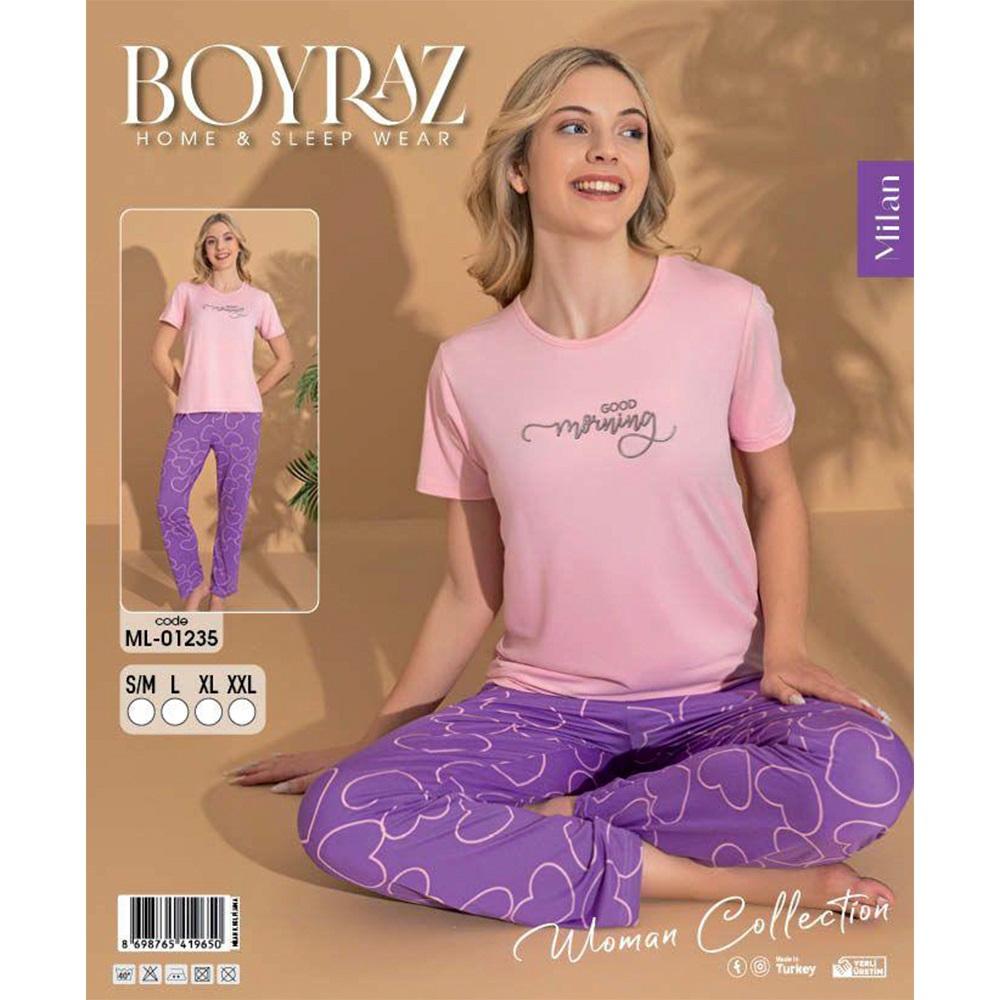 Boyraz Ml-01235 Bayan Milan Desenli Kısa Kol Pijama Takımı S-2XL - Karışık Renk - S-M-L-XL-2XL