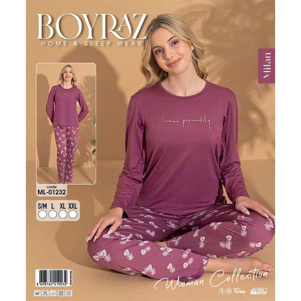 Boyraz Ml-01232 Bayan Milan Desenli Uzun Kollu Pijama Takımı S-2XL - Karışık Renk - S-M-L-XL-2XL