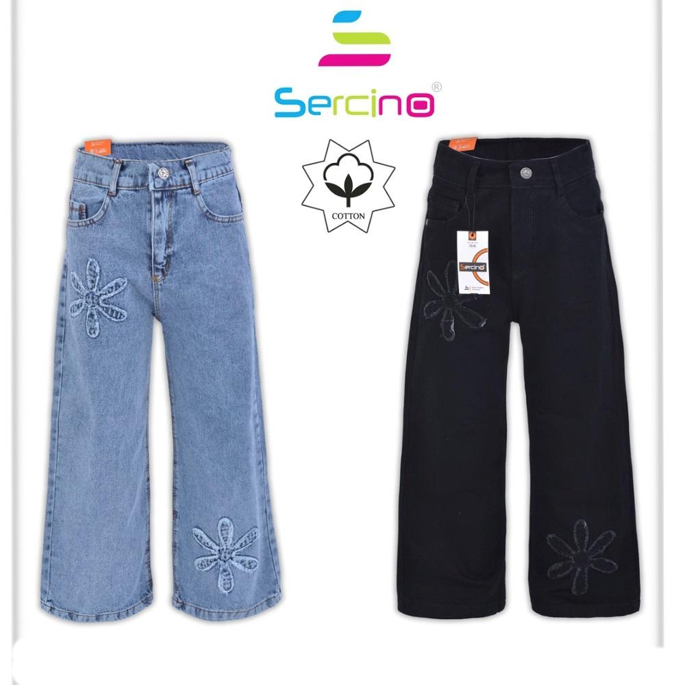 Sercino 57274 Kız Çocuk Pamuklu Büyük Papatya Nakışlı Geniş Paça Kot Pantolon 11-15 Yaş
