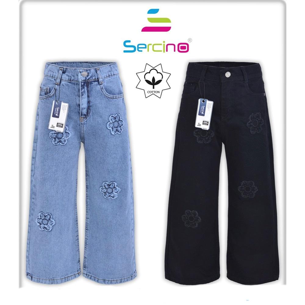 Sercino 57394 Kız Çocuk Pamuklu Çiçek Aplike Nakışlı Geniş Paça Kot Pantolon 11-15 Yaş