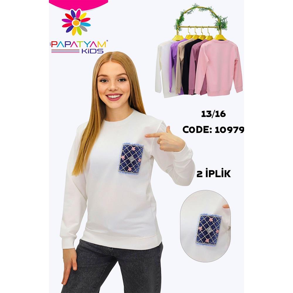 Papatyam Kids 10979 Kız Çocuk Kare Cep Kot Boncuklu Sıfır Yaka Sweat 13-16 Yaş