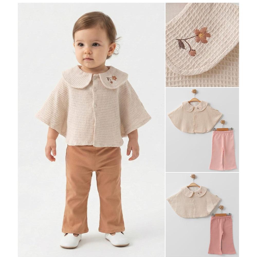 Tufitto 1769 Kız Bebe Yakası Çiçek Nakışlı Waffle Pelerin Takım 9-24 Ay