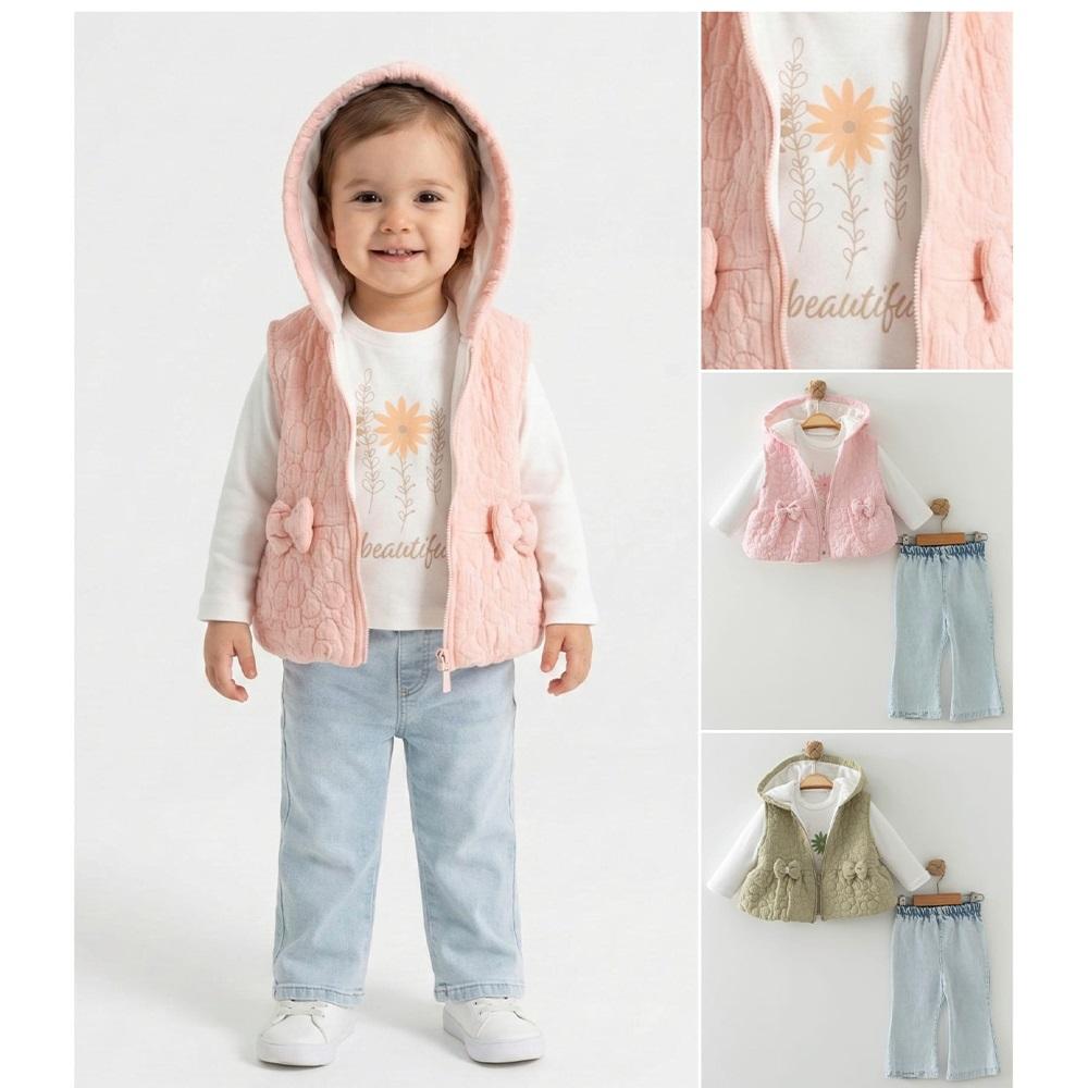 Tufitto 1767 Kız Çocuk Fiyonklu Yelekli 3 Lü Takım 1-3 Yaş