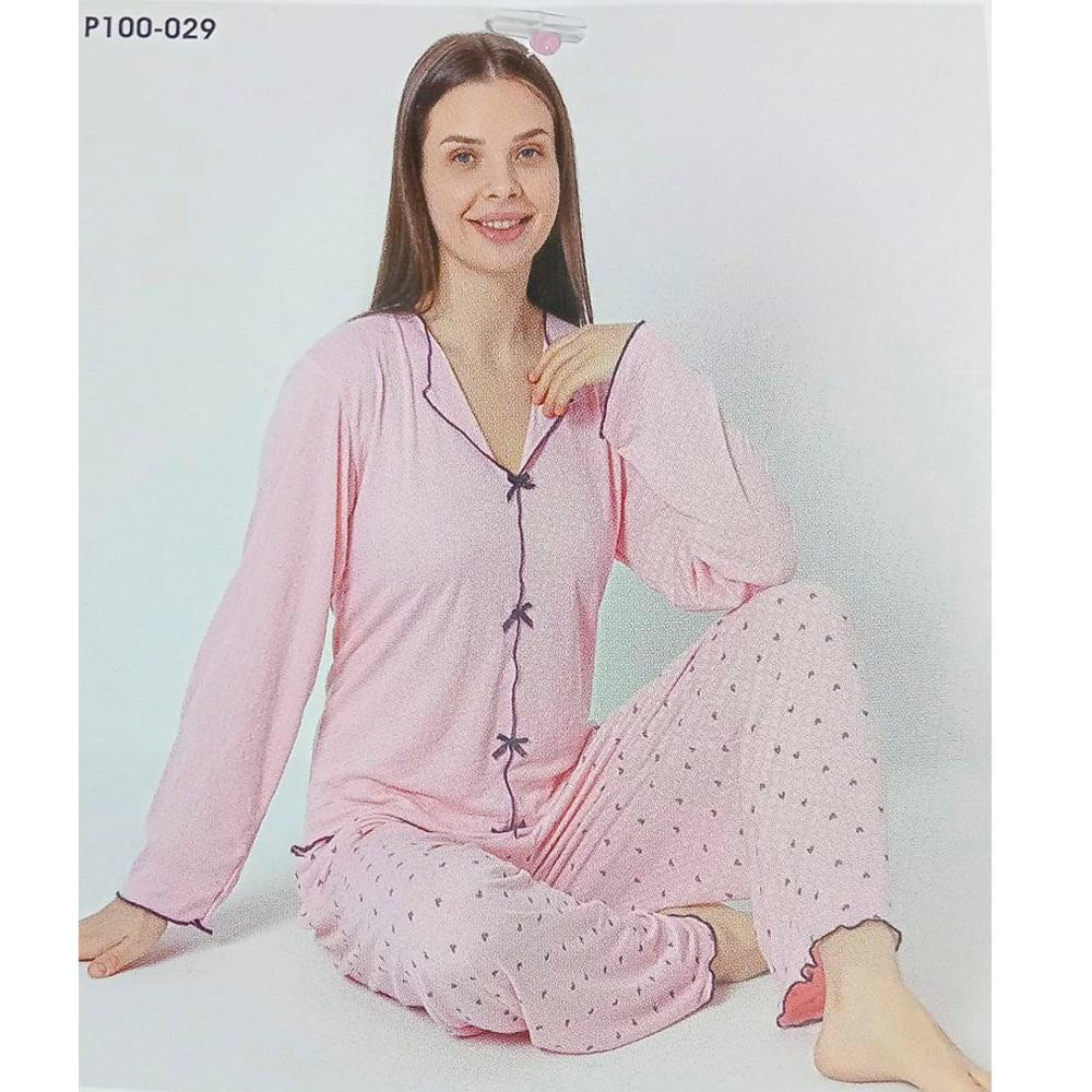 Sude P100-029 Bayan Alaçatı Gömlek Uzun Kol Pijama Takımı M-2XL