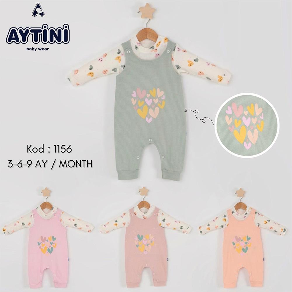 Aytini 1156 Kız Bebe Penye Kalp Baskılı Tulum Takım 3-6-9 Ay