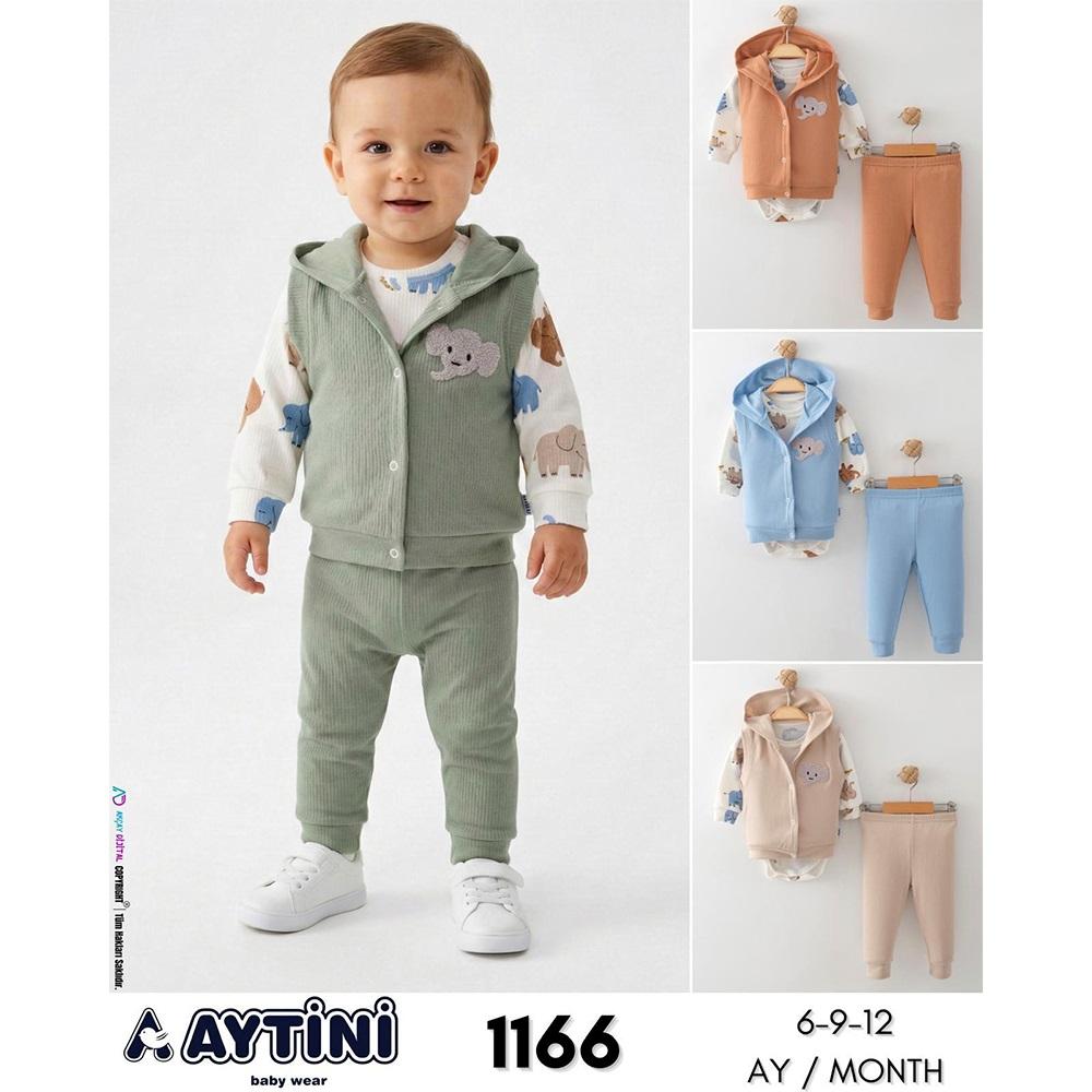 Aytini 1166 Erkek Bebe Penye Sevimli Fil Nakışlı Kapşonlu Yelekli 3 lü Takım 6-12 AY