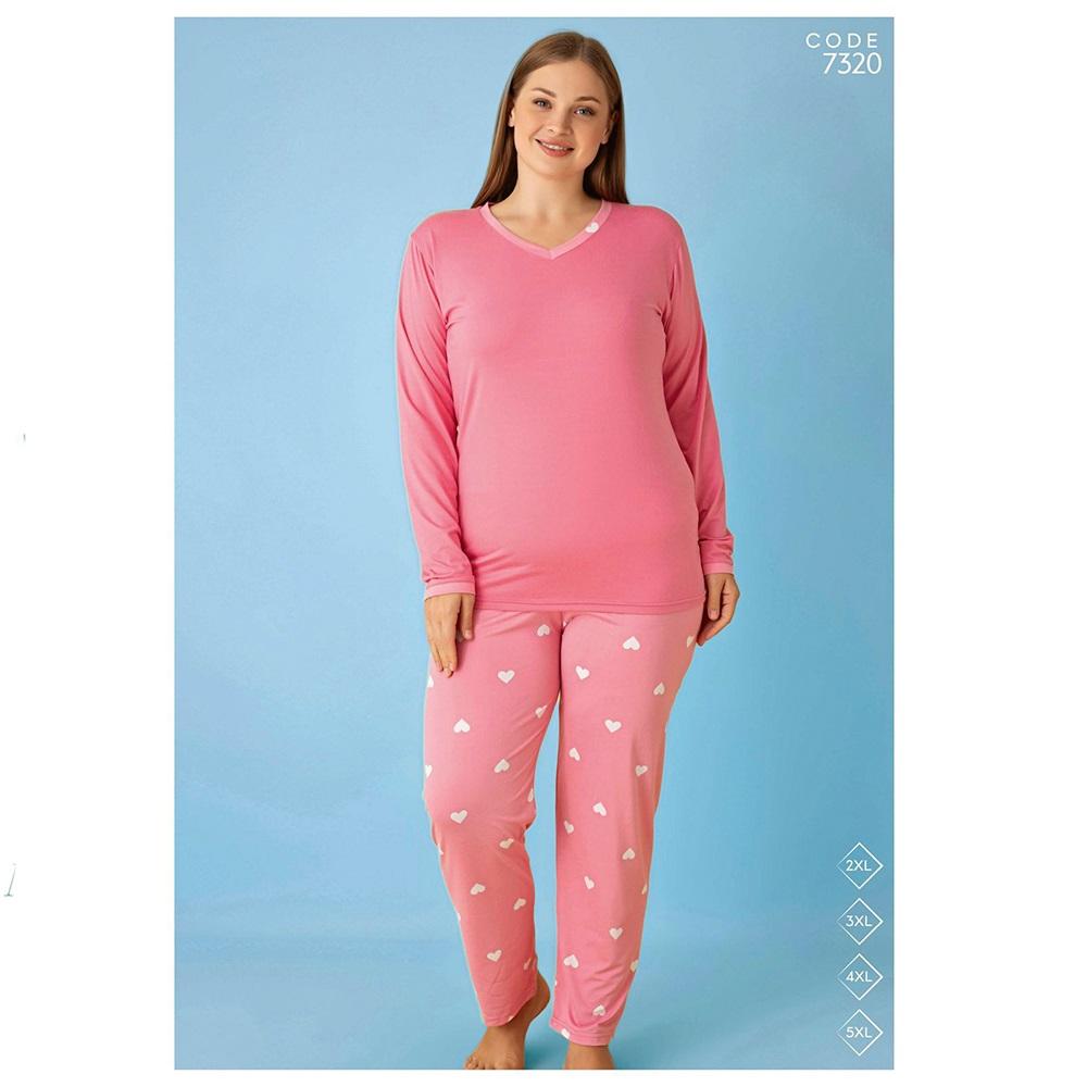 Selina 7320 Bayan Battal Milan Desenli Uzun Kol Pijama Takımı 2XL-5XL