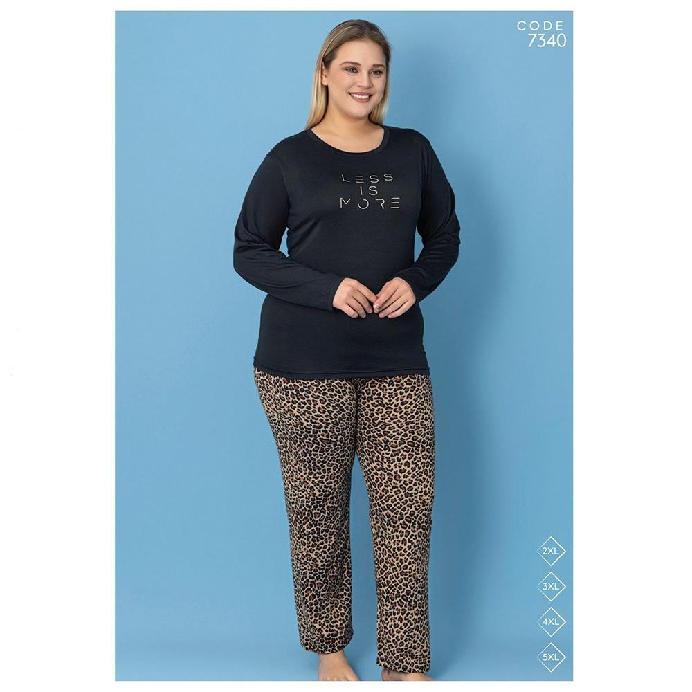 Selina 7340 Bayan Battal Milan Desenli Uzun Kol Pijama Takımı 2XL-5XL