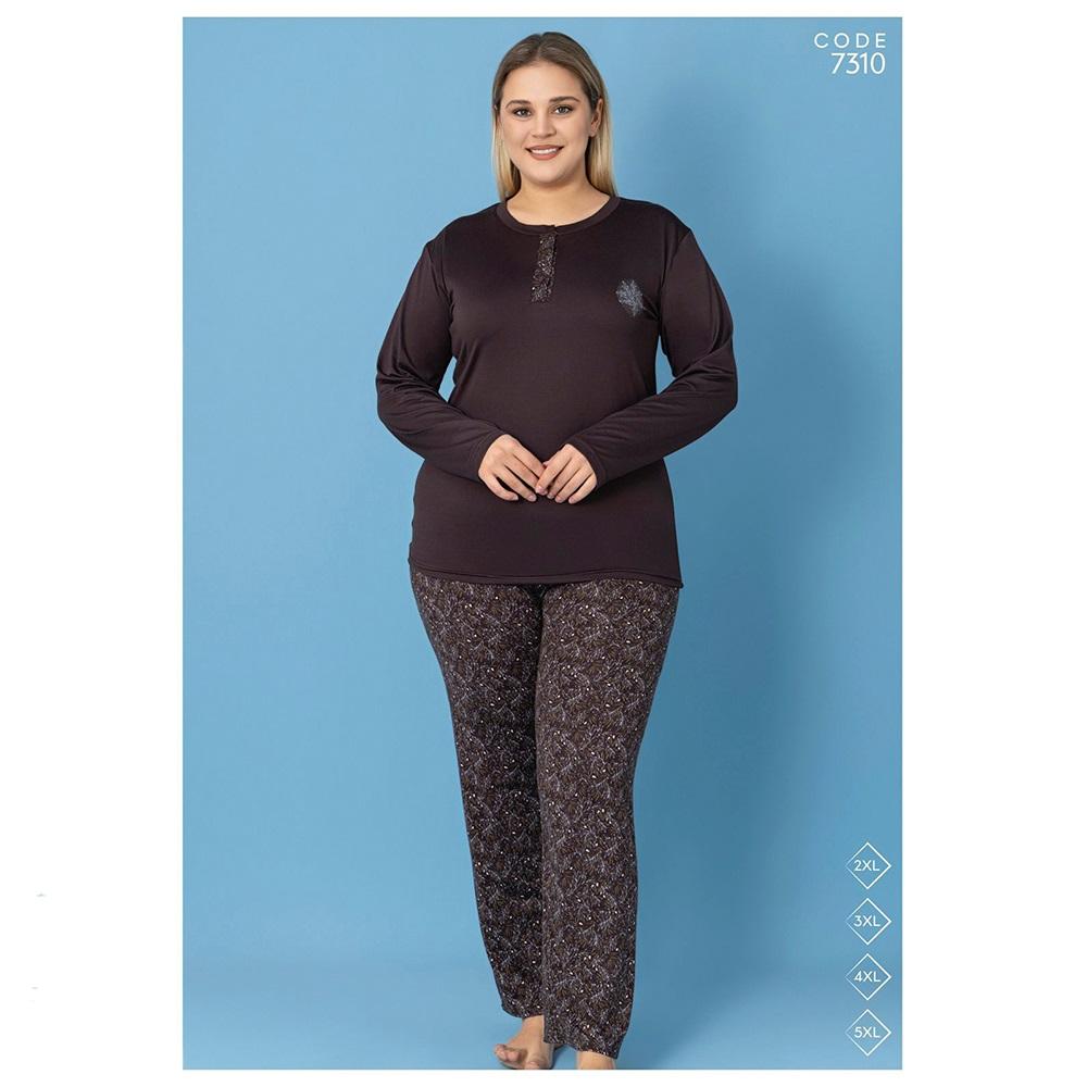 Selina 7310 Bayan Battal Milan Desenli Uzun Kol Pijama Takımı 2XL-5XL