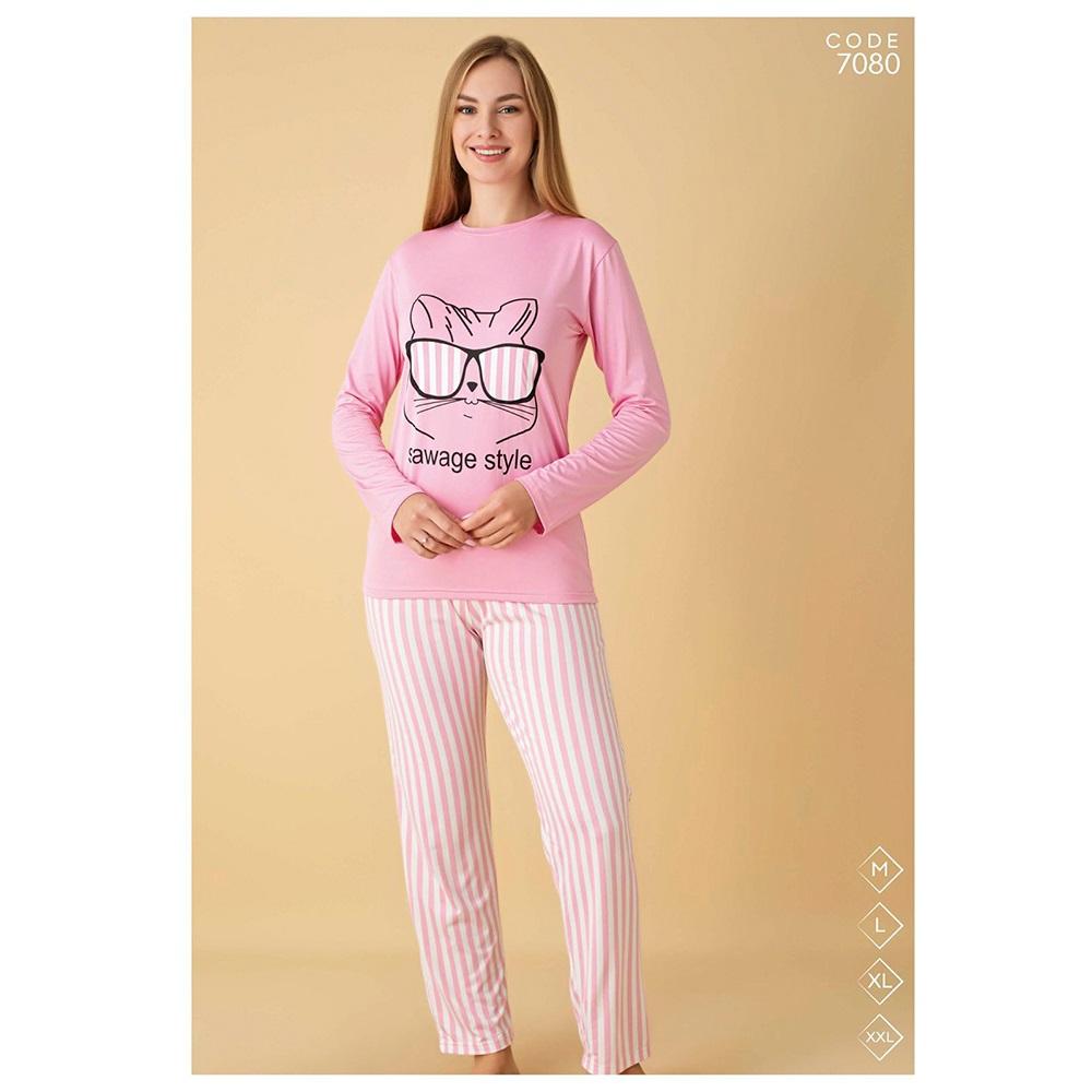 Selina 7080 Bayan Milan Desenli Uzun Kol Pijama Takımı M-2XL - Karışık Renk - M-L-XL-2XL