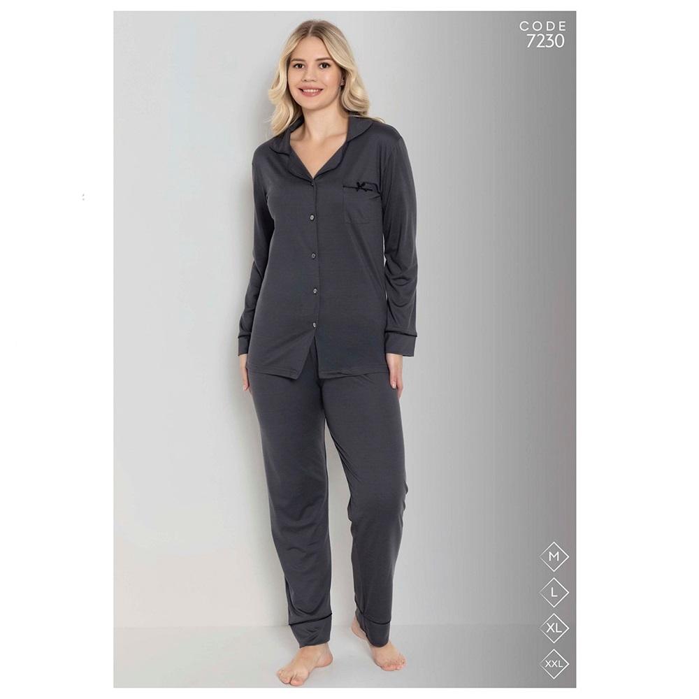 Selina 7230 Bayan Milan Desenli Boydan Düğmeli Arabiyeli Pijama Takımı M-2XL