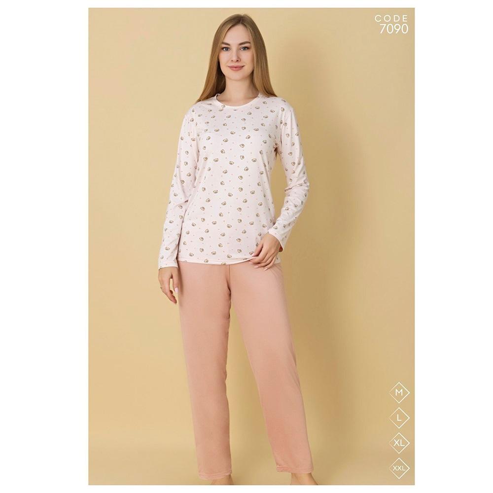 Selina 7090 Bayan Milan Desenli Uzun Kol Pijama Takımı M-2XL