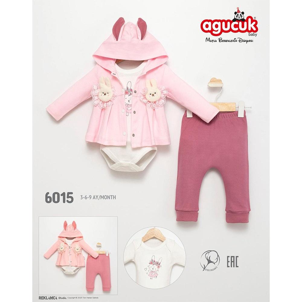 Agucuk Baby 6015 Kız Bebe Sevimli Tavşan Nakışlı 3 Lü Kapşonlu Takım 3-9 Ay