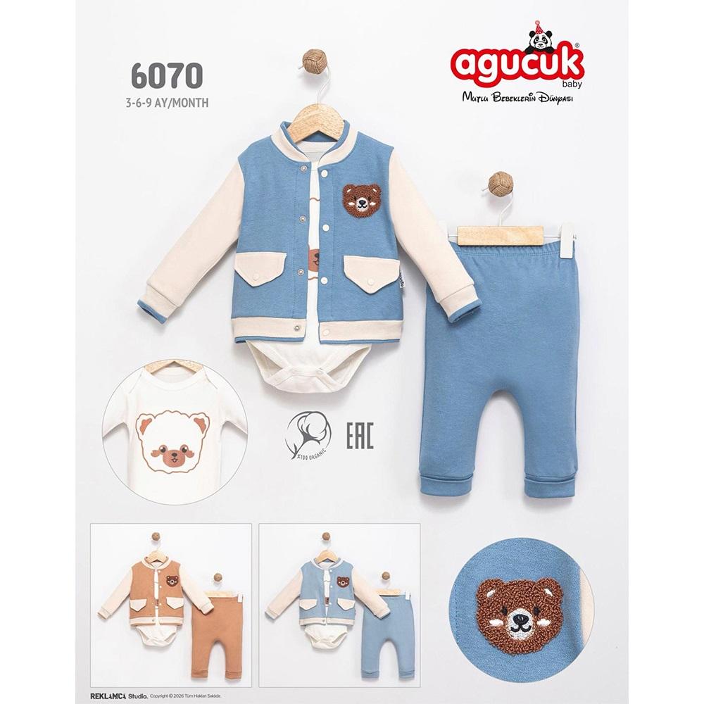 Agucuk Baby 6070 Erkrk Bebe Sevimli Ayı Nakışlı 3 Lü Takım 3-9 Ay - 41575-Karışık Renk -3-9 AY
