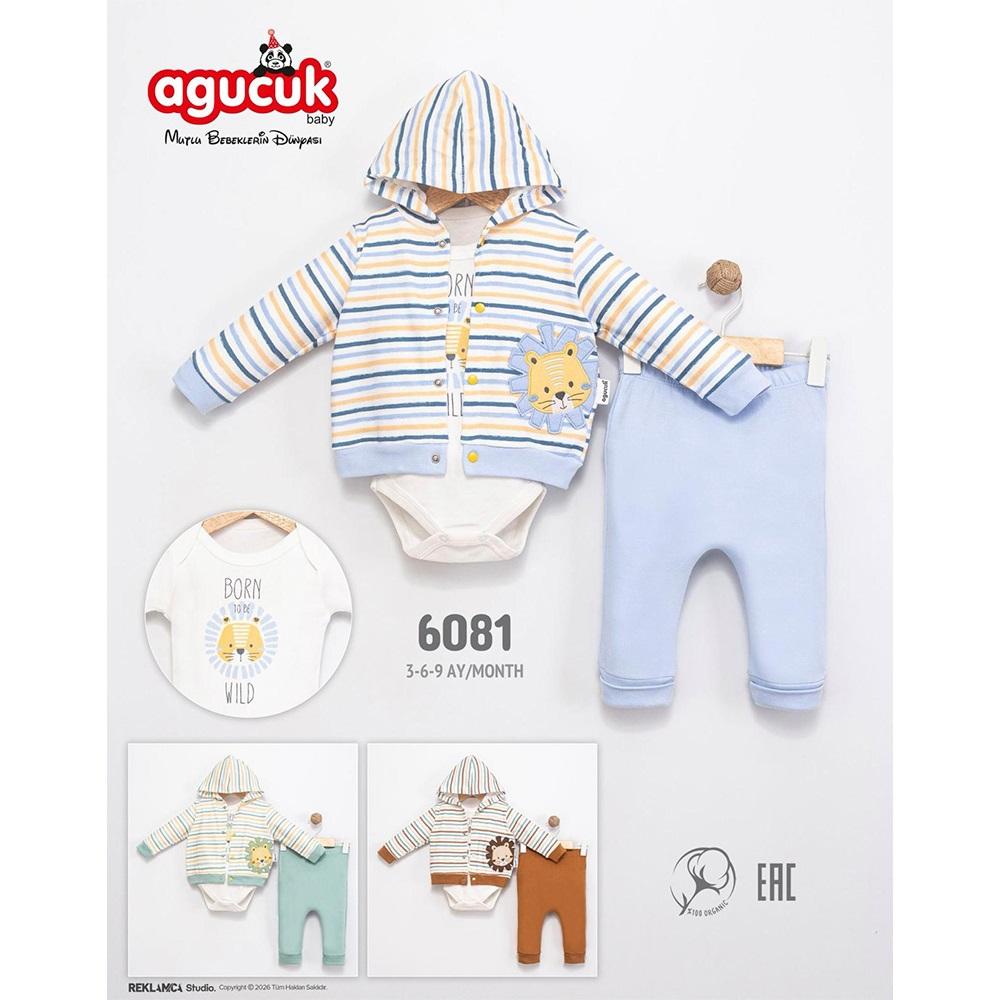 Agucuk Baby 6081 Erkrk Bebe Sevimli Aslan Nakıilı 3 Lü Kapşonlu Takım 3-9 Ay - 41577-Karışık Renk -3-9 AY