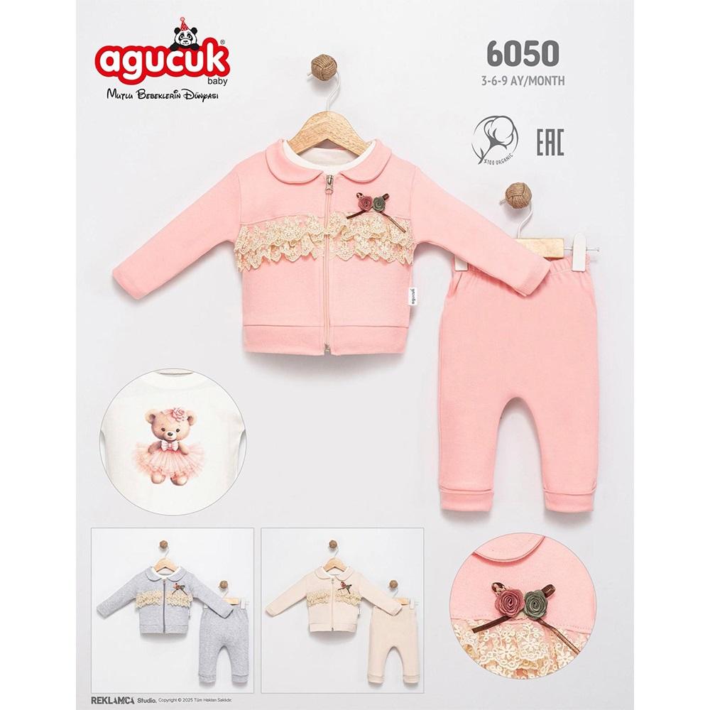 Agucuk Baby 6050 Kız Bebe Dantelli Fermuarlı 3 Lü Takım 3-9 Ay