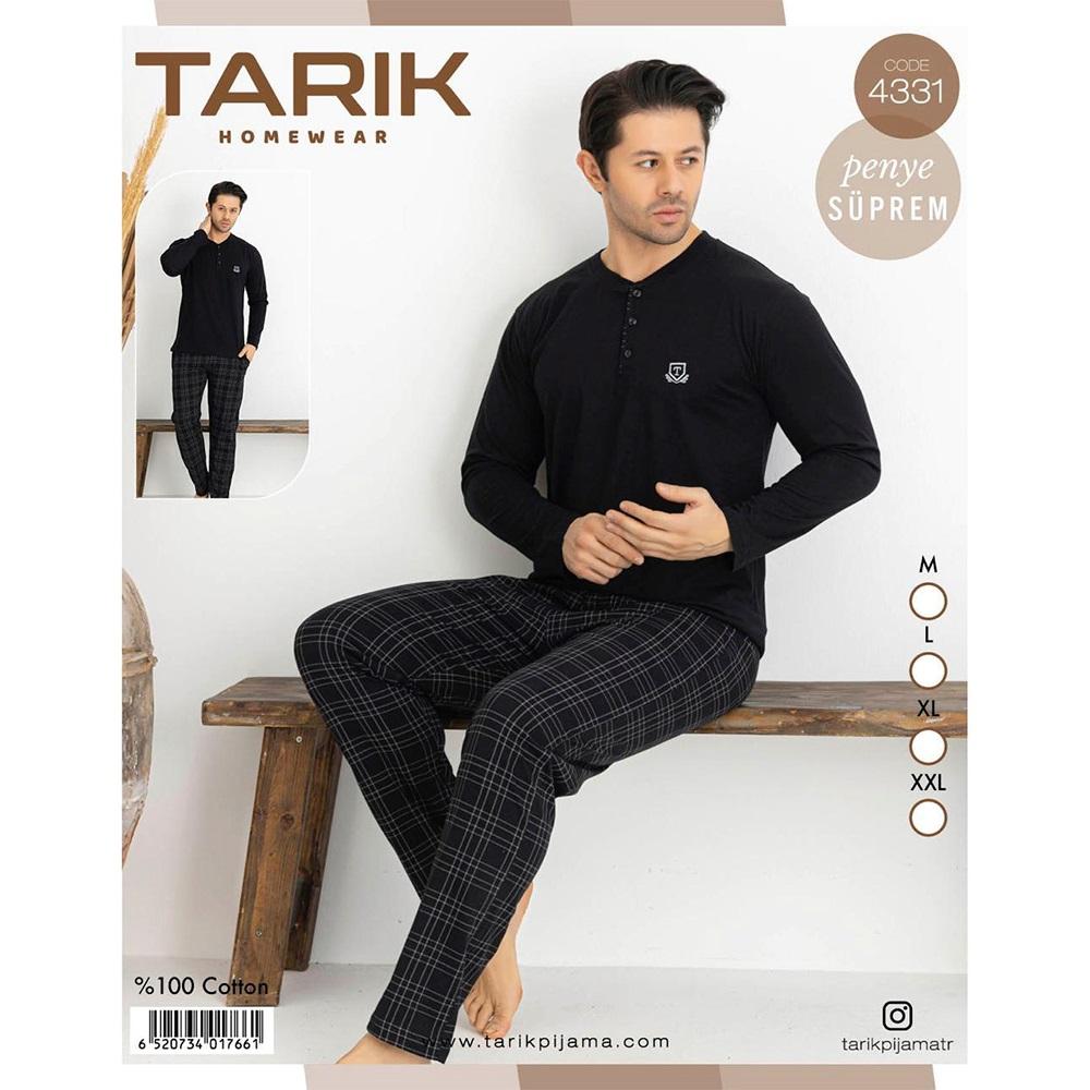Tarık 4331 Erkek Penye Likralı Arma Nakışlı Kare Uzun kol Pijama Takımı M-2XL