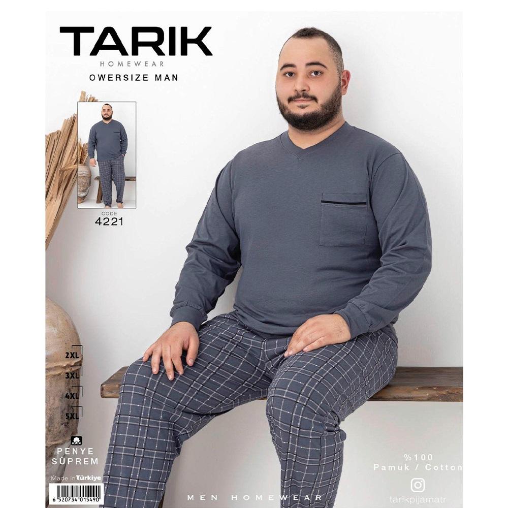 Tarık 4221 Erkek Penye Battal V Yakalı Cepli Uzun kol Pijama Takımı 2XL-5XL