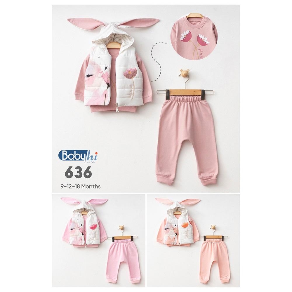Baby Hi 636 Kız Bebe 2 İp Sevimli Tavşan Baskılı Micro Yelekli 3 Lü Takım 9-18 Ay - 41645-Karışık Renk -9-12-18 AY