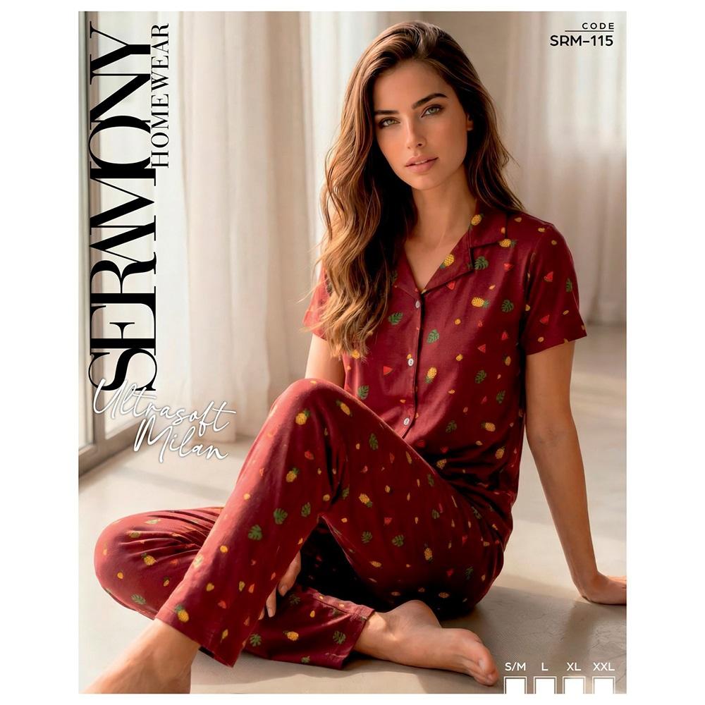 Seramony Srm 115 Bayan Milan Ultra Soft Boydan Düğmeli Yarım Kol Pijama Takımı S-2XL
