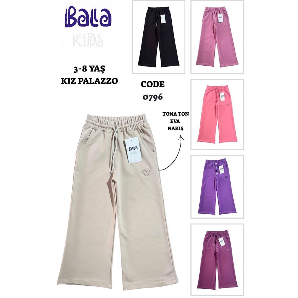 Bala 0796 Kız Çocuk Palazzo Kap Nakışlı Kıl Biye Fiyonklu Eşofman Alt 3-8 Yaş
