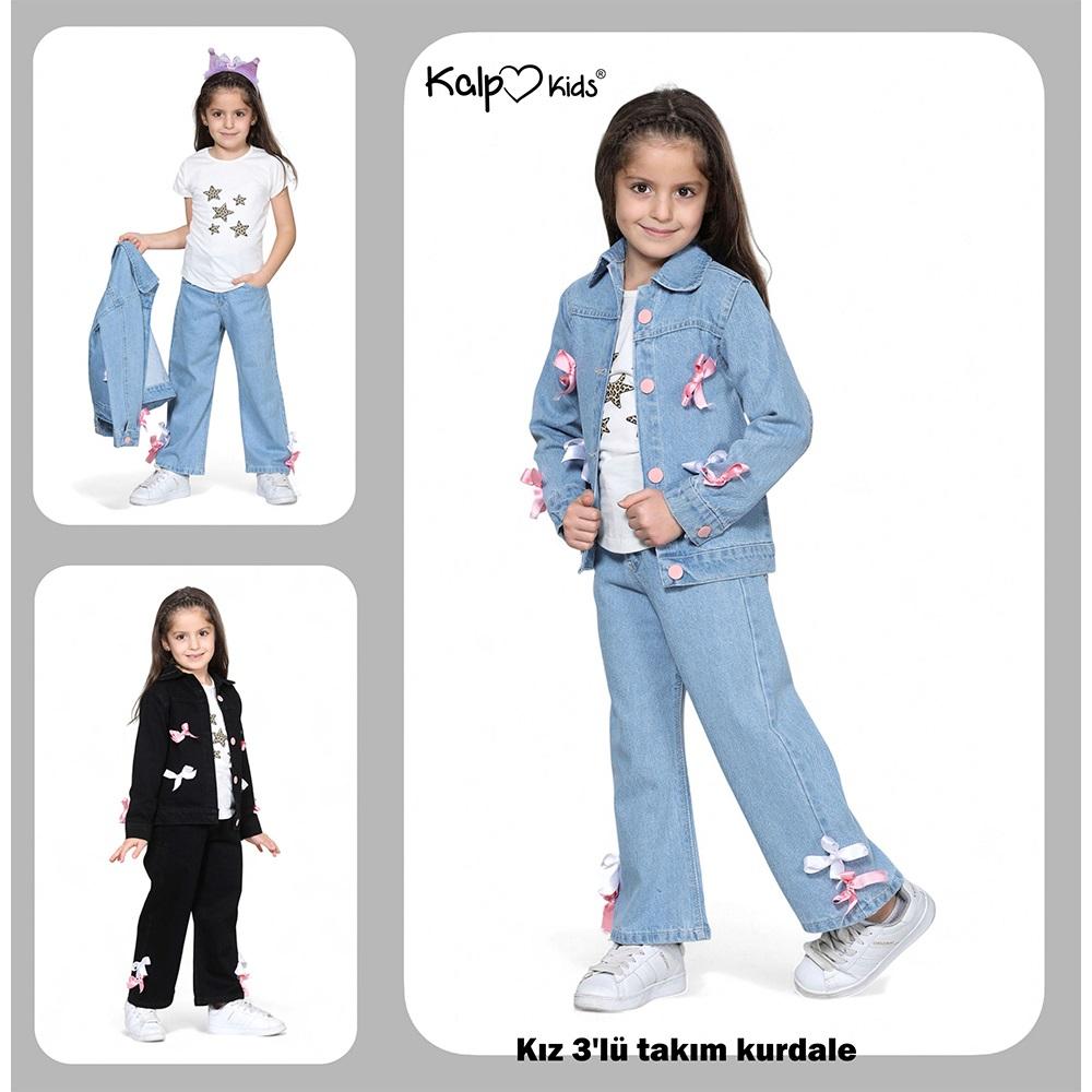 Kalp Kids 27610-2 Kız Çocuk Kurdelalı 3 Lü Kot Takım 8-12 Yaş
