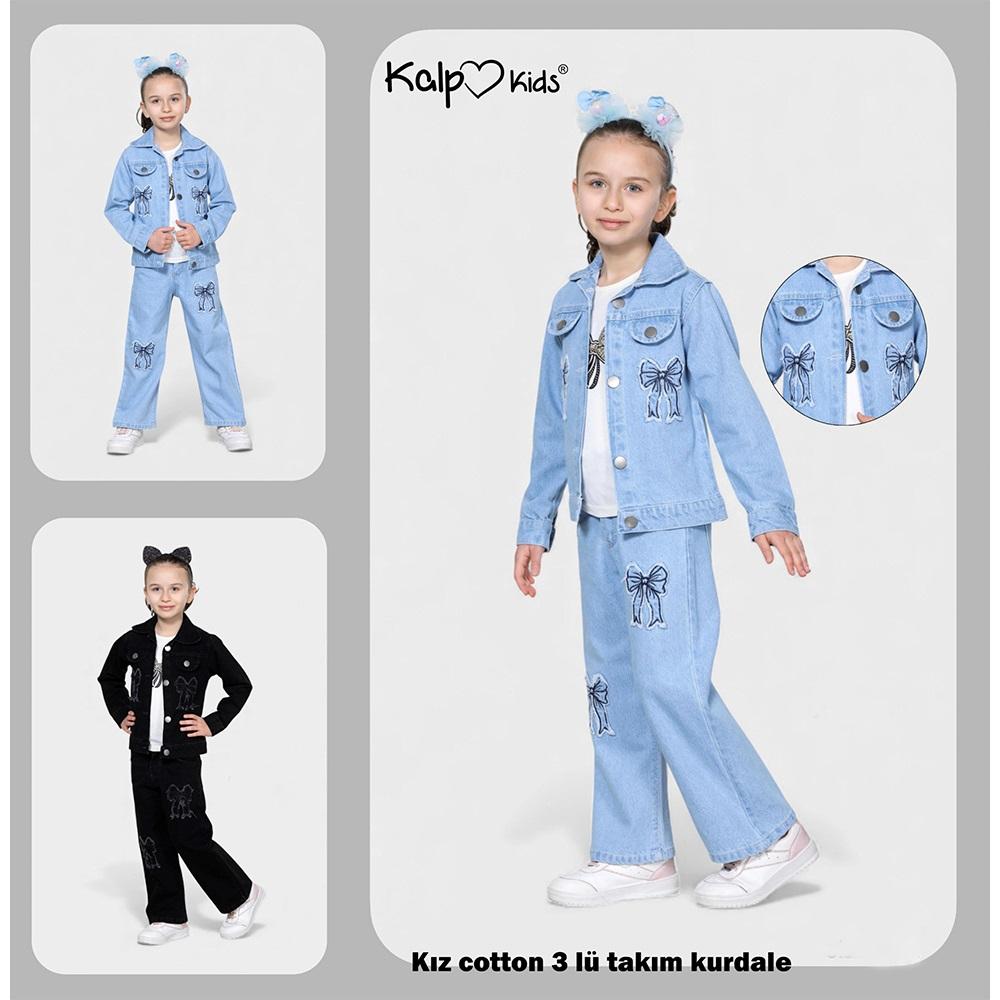 Kalp Kids 27680-2 Kız Çocuk Cotton Kurdela Nakışlı 3 Lü Kot Takım 8-12 Yaş