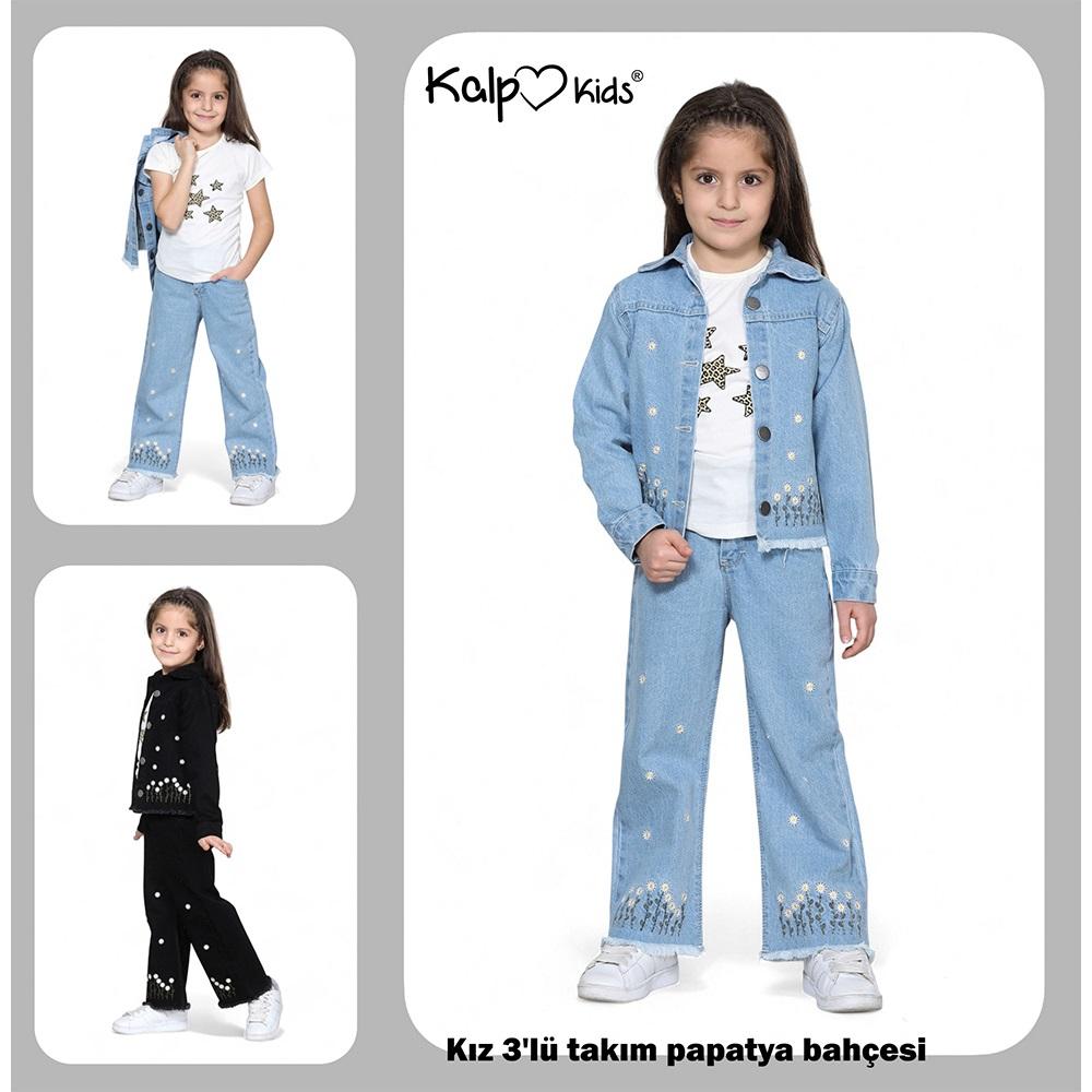 Kalp Kids 27620-1 Kız Çocuk Cotton Papatya Bahçesi Nakışlı 3 Lü Kot Takım 3-7 Yaş