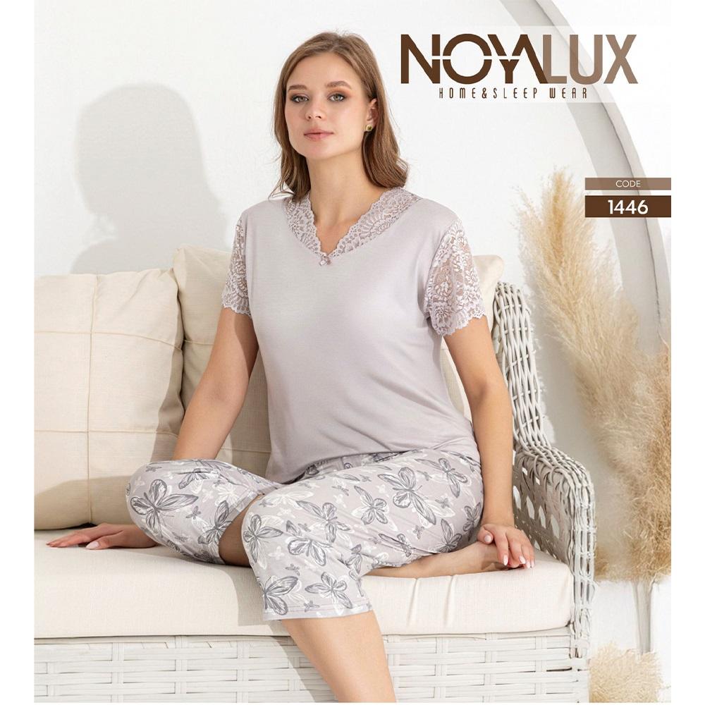 Noya Lüx 1446 Bayan Ring Viskon Dantelli V Yaka Kısa Kol Kapri Takım M-2XL