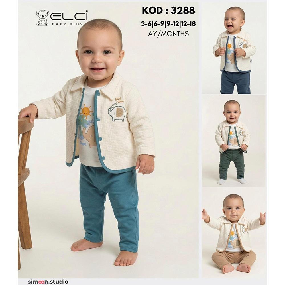 Elci 3288 Erkek Bebe Fil Nakışlı 3 Lü Takım 3-18 Ay
