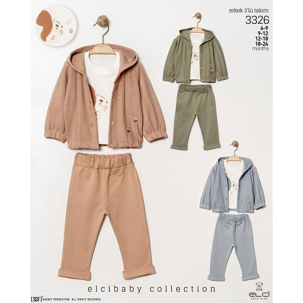 Elci 3326 Erkek Bebe Sevimli Sansar Nakışlı 3 Lü Takım 6-24 Ay