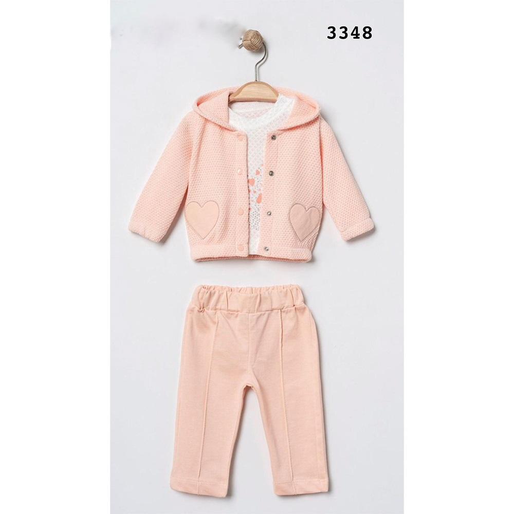 Elci 3348 Kız Bebe Kalp Nakışlı Kapşonlu 3 Lü Takım 3-18 Ay