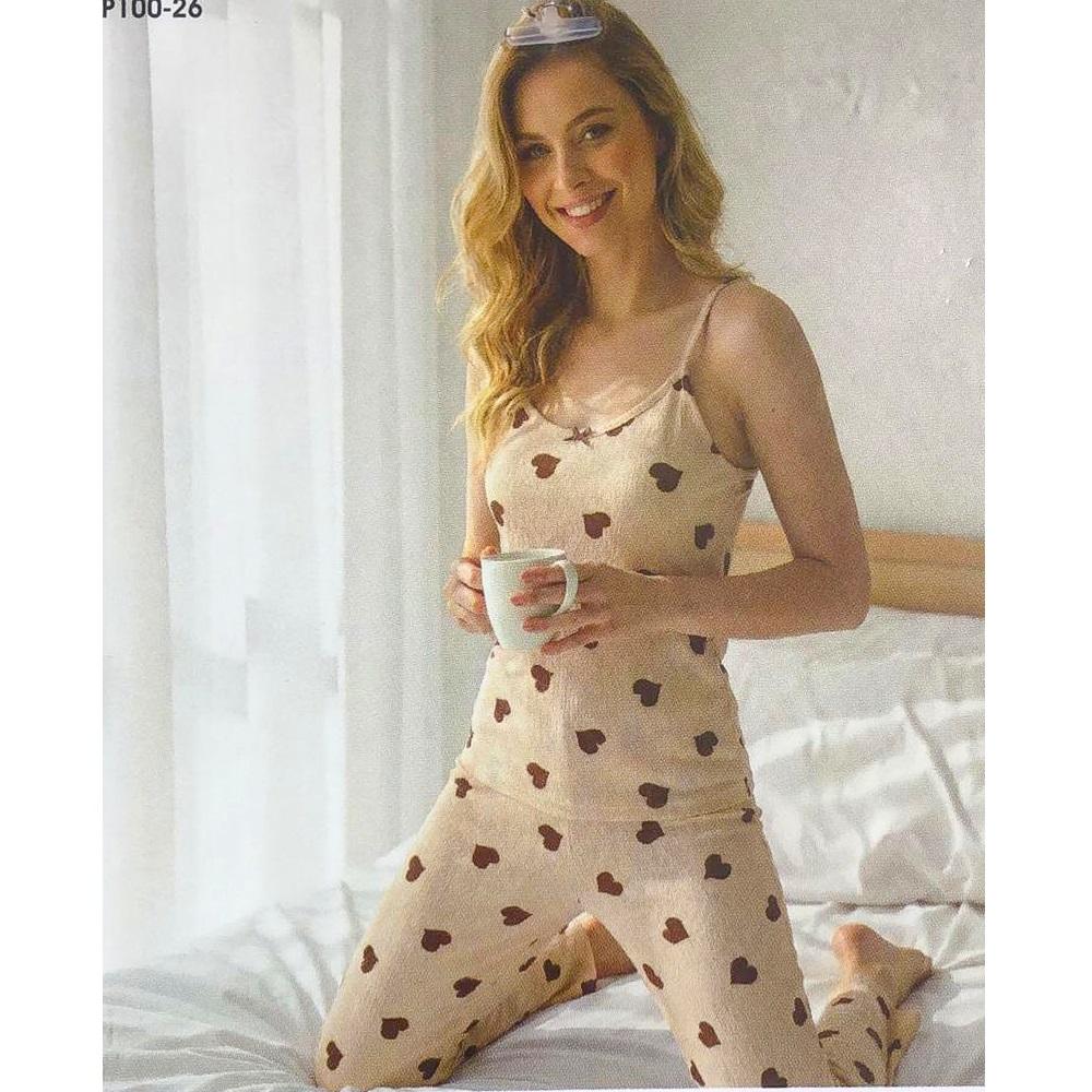 Charme P100-26 Bayan Bürümcük Desenli İp Askılı Pijama Takımı M-2XL