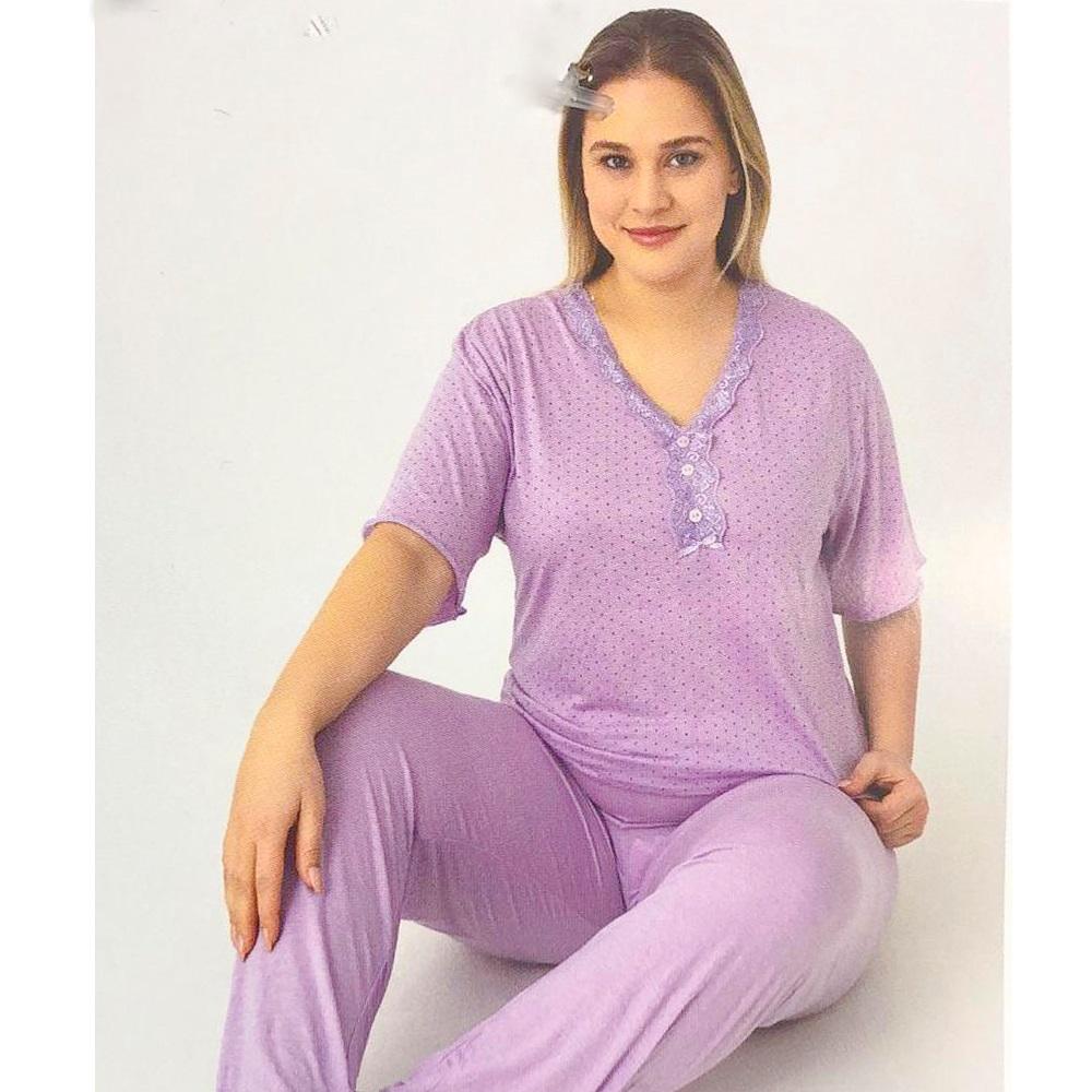 Sude P100-817 Bayan Battal Bambu Desenli Kısa Kol Pijama Takımı 2XL-5XL