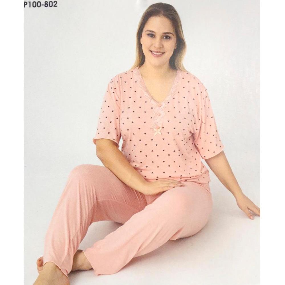 Sude P100-802 Bayan Battal Bambu Desenli Kısa Kol Pijama Takımı 2XL-5XL