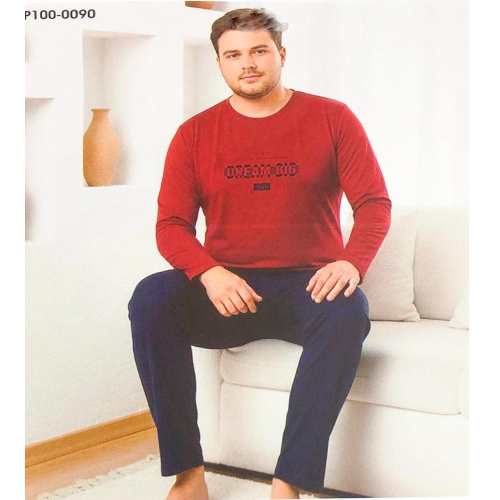 Sude P100-0090 Erkek Cotton Battal Bisiklet Yaka Uzun Kol Pijama Takımı 2XL-5XL