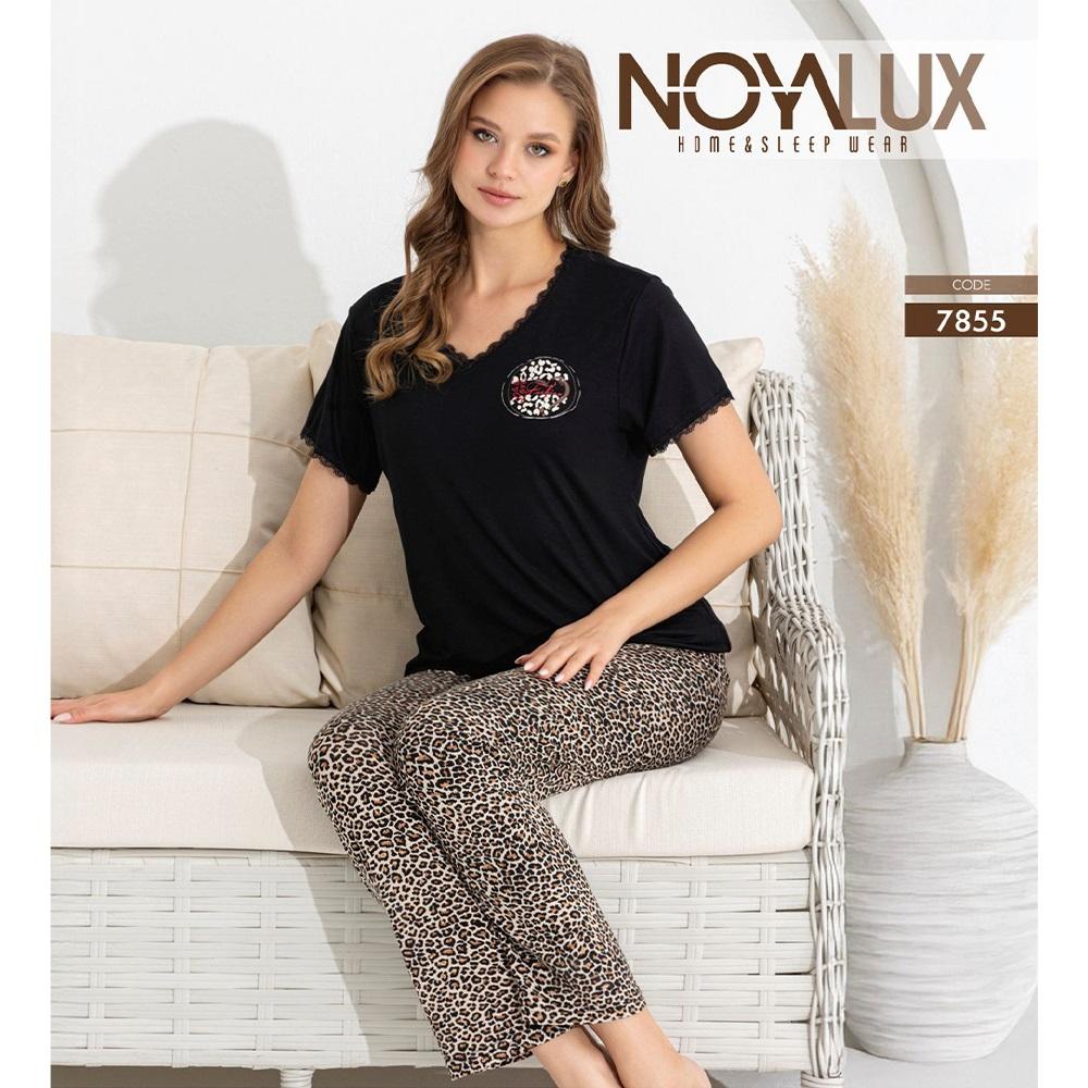 Noya Lux 7855 Bayan Penye Yaka Dantelli Kısa Kol Pijama Takımı M-2XL