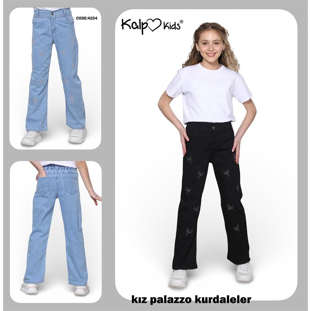 Kalp Kids 4204-1 Kız Çocuk Cotton Palazzo Kurdalecikler Nakışlı Pantolon 6-12 Yaş