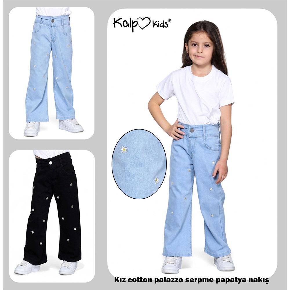Kalp Kids 4160-1 Kız Çocuk Cotton Palazzo Serpme Paptya Nakışlı Pantolon 6-12 Yaş