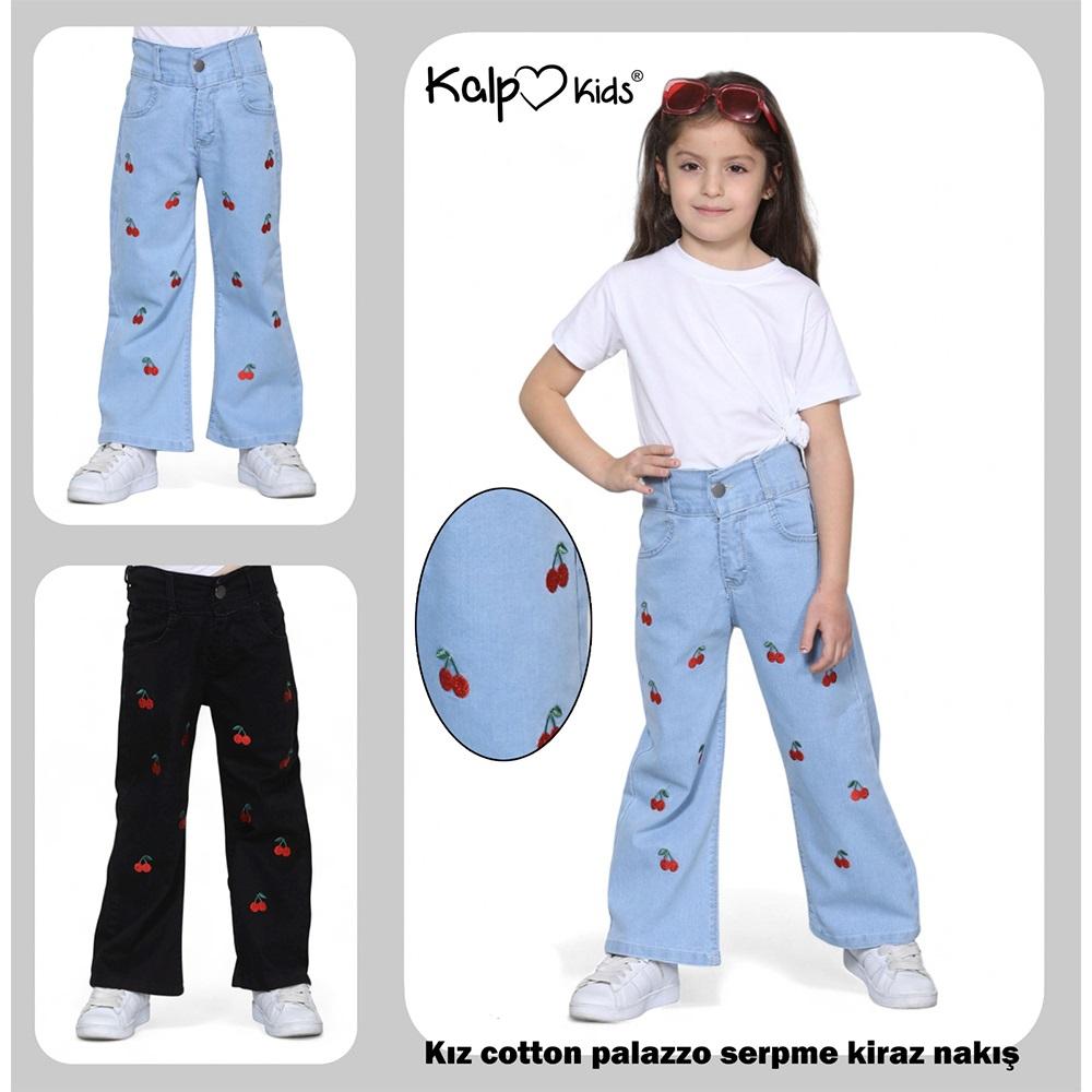 Kalp Kids 4184-1 Kız Çocuk Palazzo Serpme Kiraz Nakışlı Pantolon 6-12 Yaş