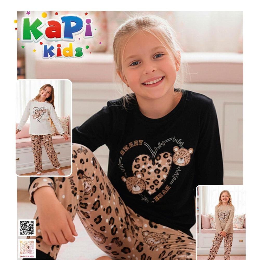 Kapi Kids 8309 Kız Çocuk Penye Gez Ayıcık Kapli Baskılı Uzun Kol Pijama Takımı 11-15 Yaş