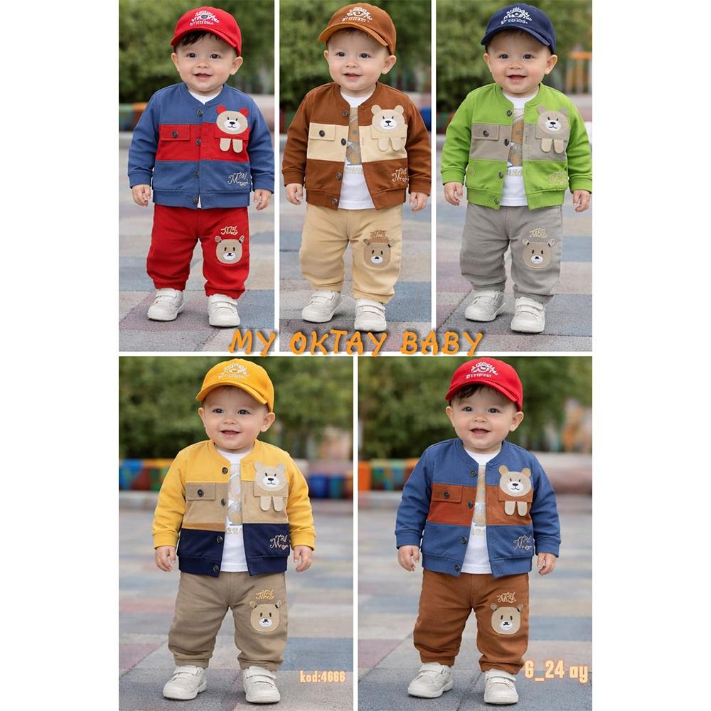 My Oktay 4666 Erkek Bebe Penye Sevimli Ayıcık Cep Nakışlı Takım 9-24 Ay