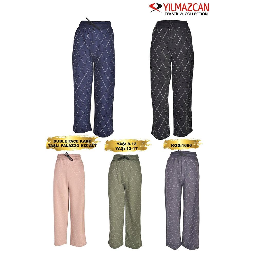 Yılmazcan 1686-2 Kız Çocuk Oysho Kare Desen İnci Taşlı Palazzo Eşofman Alt 13-17 Yaş