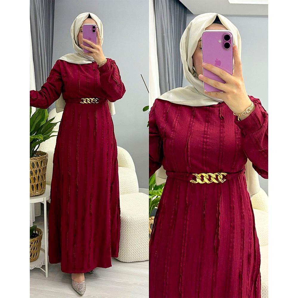 Nisanur Bayan Fırfırlı Kemerli Uzun Kollu Elbise M-2XL