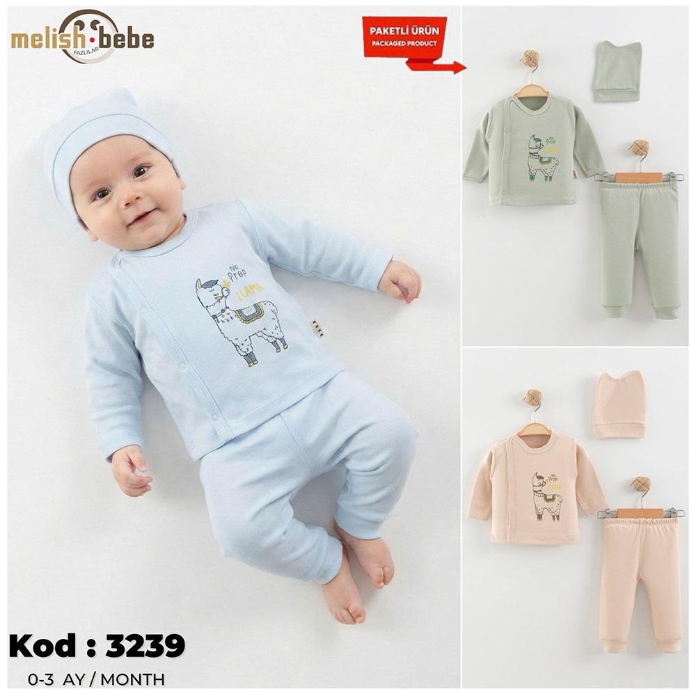 Melish Bebe 3239 Bebe Penye Sevimli Lama Baskılı Patiksiz Zıbın Takım 0-3-6 Ay