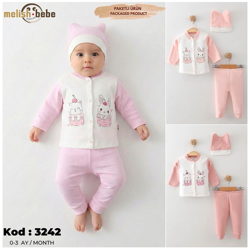 Melish Bebe 3242 Bebe Penye Sevimli Tavşan Baskılı Patiksiz Zıbın Takım 0-3-6 Ay